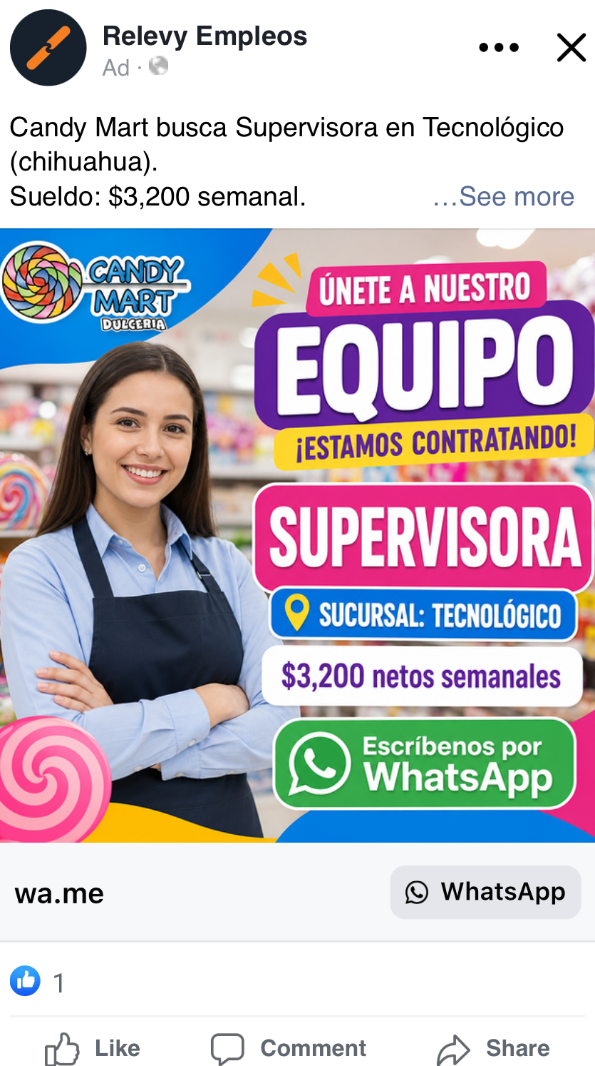 Anuncio real de una vacante de supervisora publicado por Relevy Empleos en Facebook